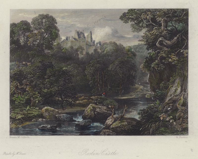 Castillo de Roslin, Escocia (grabado en color) de English School