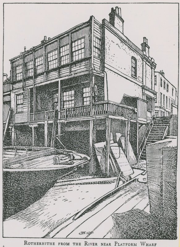 Rotherhithe desde el Río Támesis cerca de Platform Wharf; El Ángel de English School