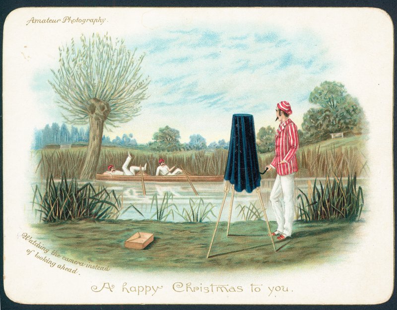 Remeros chocando bote en el río, Tarjeta de Navidad de English School
