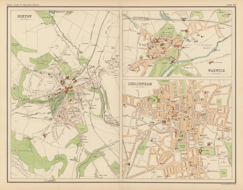 Atlas Real, c 1900: Buxton; Warwick; Cheltenham (litografia en color) de English School
