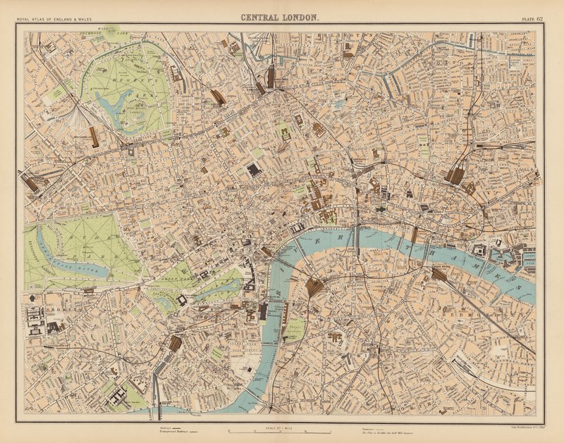 Royal Atlas, c 1900: Centro de Londres (litografia en color) de English School