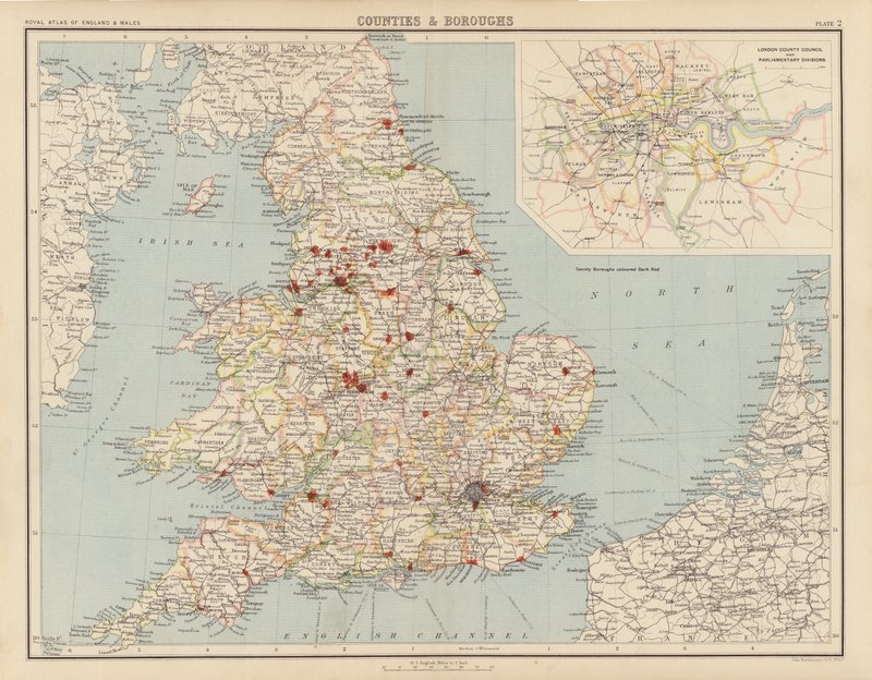 Royal Atlas, c 1900: condados y distritos (litografia en color) de English School