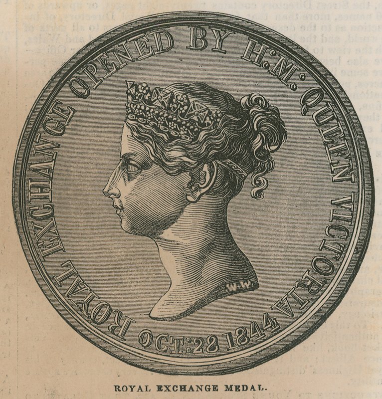 Medalla del Royal Exchange, acuñada para conmemorar la apertura del Royal Exchange en 1844 de English School