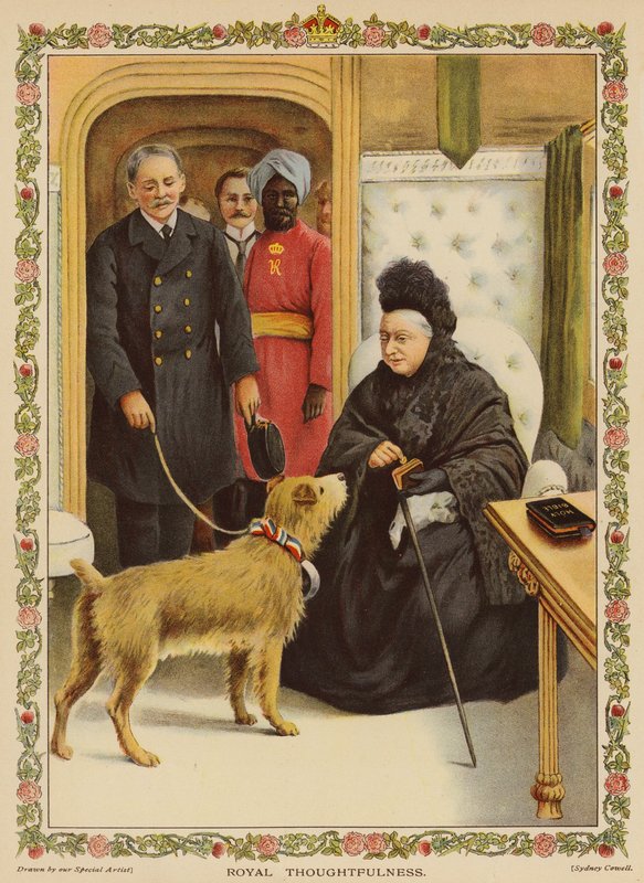 Royal Thoughtfulness: la reina Victoria en la estación de Paddington, haciendo una donación benéfica (chromolitho) de English School
