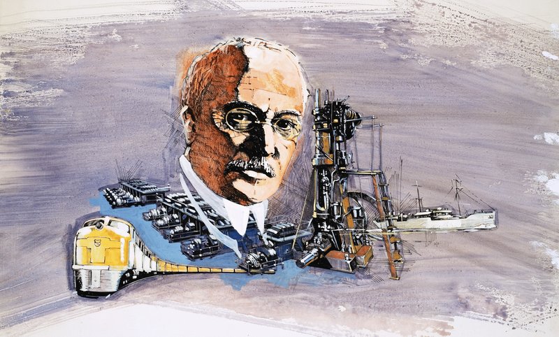 Rudolf Diesel contra el fondo de trenes, barcos y muelles de English School