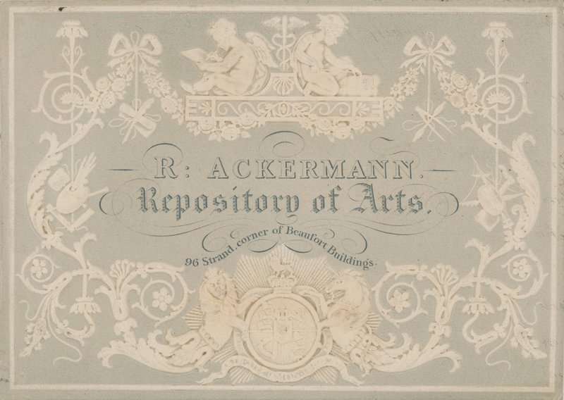 Rudolph Ackermann, tarjeta comercial, grabada por Dobbs de English School