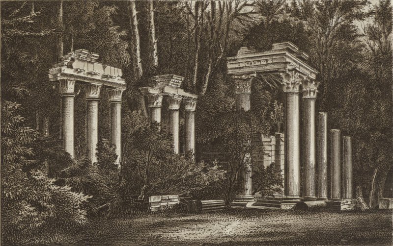 Ruinas en Virginia Water (lito) de English School