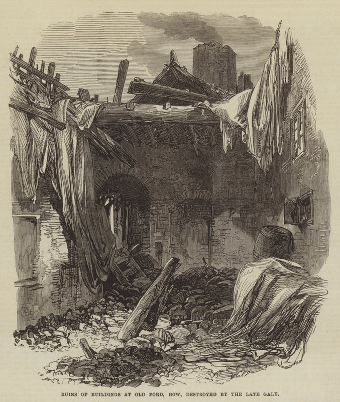 Ruinas de edificios en Old Ford, Bow, destruidos por el reciente vendaval de English School