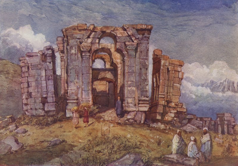 Ruinas del Templo del Sol de Martand, Cachemira (litografia en color) de English School