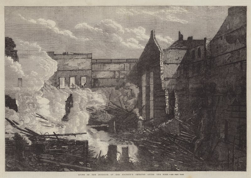 Ruinas del interior del Teatro de Su Majestad después del incendio de English School