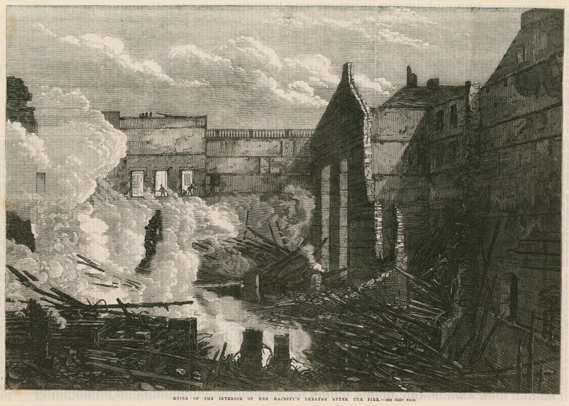 Ruinas del interior del Teatro de Su Majestad, Haymarket, Londres, después del incendio de English School