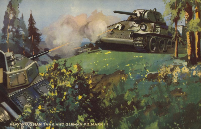 Tanque pesado ruso y Panzer III alemán, Segunda Guerra Mundial (litografia en color) de English School