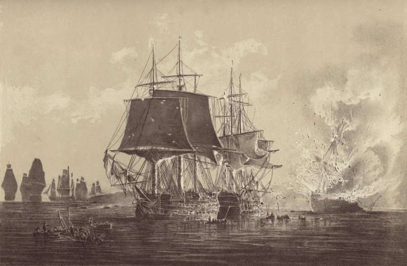 Buque ruso Vsevolod destruido en presencia de la flota rusa después de la acción con el HMS Implacable, adjunto a la Armada Sueca y comandado por el Capitán Thomas Byam Martin, en el Báltico, 26 de agosto de 1808 de English School