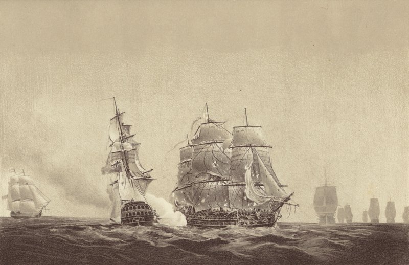 El buque ruso Vsevolod ondeando sus colores ante el HMS Implacable, adscrito a la Armada sueca y al mando del capitán Thomas Byam Martin, en el Báltico, 26 de agosto de 1808 (litografía). de English School