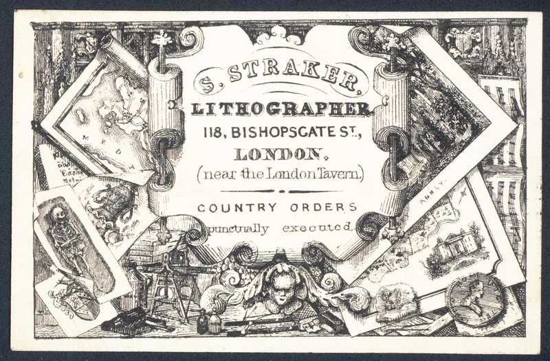 S Straker, litógrafo, tarjeta comercial de English School