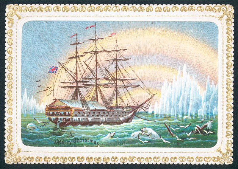 Barco de vela en aguas heladas, tarjeta de Navidad de English School