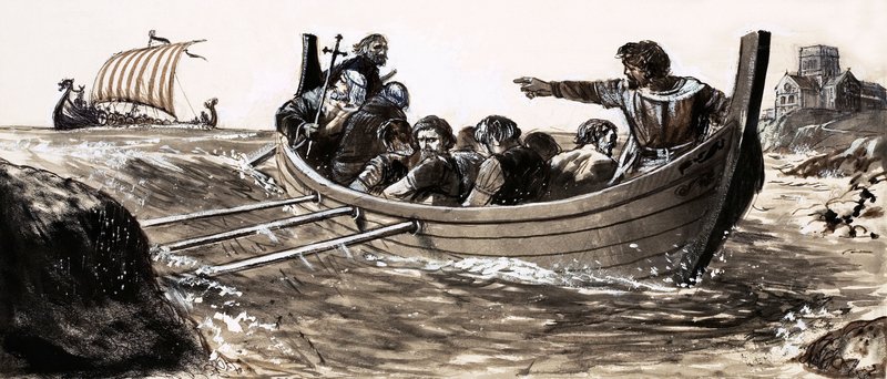 San Malo escapa de los vikingos saqueadores (gouache sobre papel) de English School