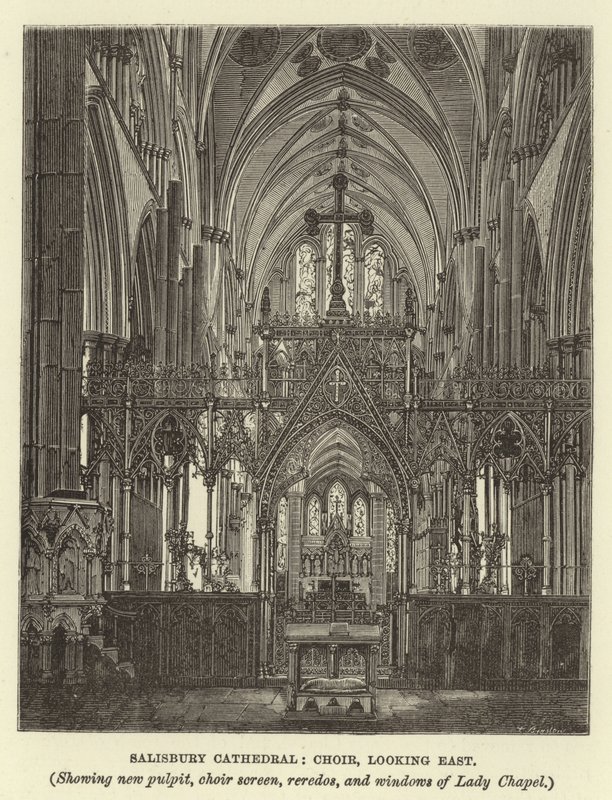 Catedral de Salisbury, coro, mirando al este, mostrando el nuevo púlpito, pantalla del coro, retablo y ventanas de la Capilla de la Virgen de English School