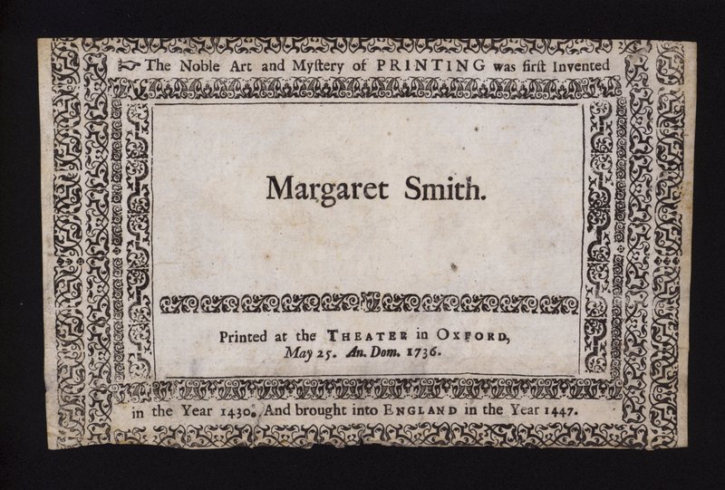 Muestra de impresión realizada en el Teatro Sheldonian, Oxford, el 25 de mayo de 1736 de English School