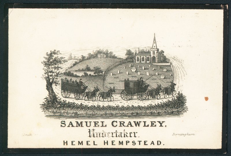 Samuel Crawley, funerario, tarjeta comercial de English School