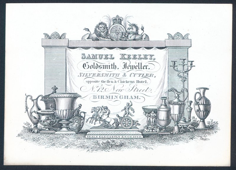 Samuel Keeley, orfebre, joyero, platero y cuchillero, tarjeta comercial de English School
