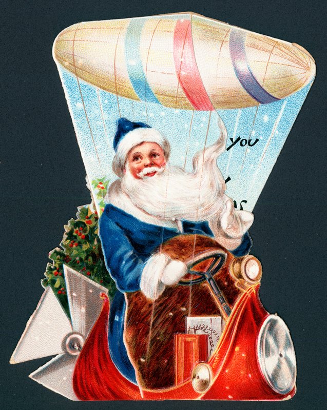Papá Noel conduciendo un dirigible, tarjeta de Navidad de English School