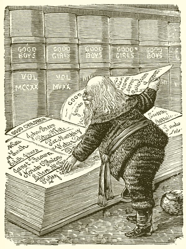 Santa Claus buscando en su diario los nombres de los niños que han sido buenos desde la última Navidad de English School