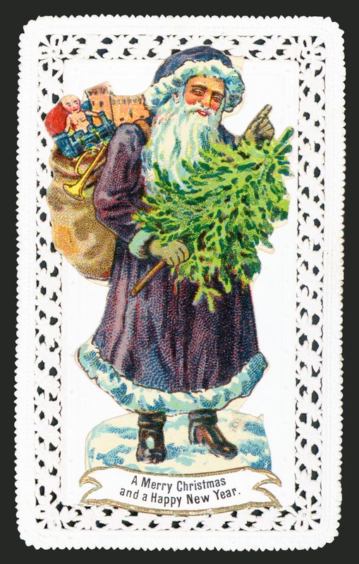 Papá Noel con saco de juguetes y árbol de English School