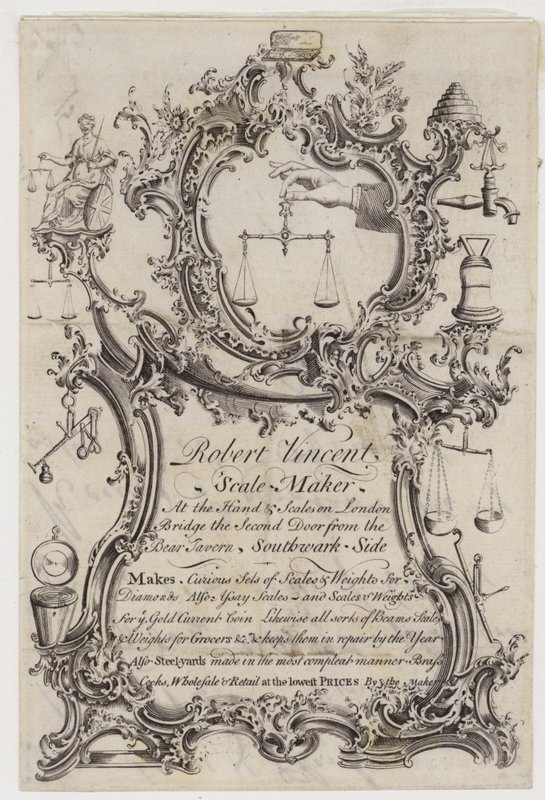 Tarjeta comercial de fabricante de balanzas, Robert Vincent de English School