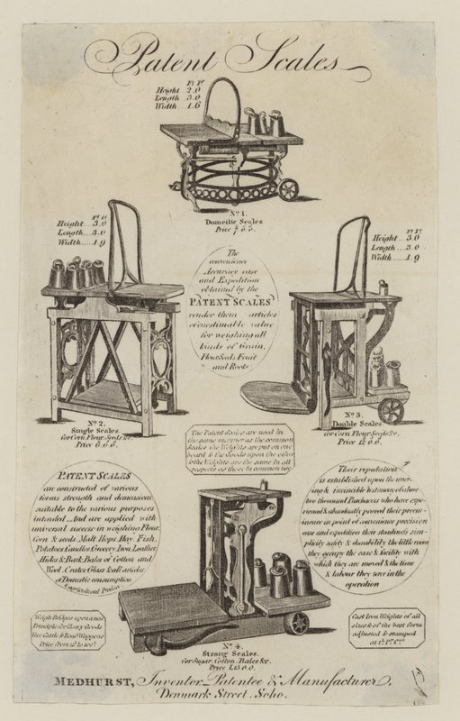 Tarjeta comercial de fabricante de balanzas, Medhurst de English School