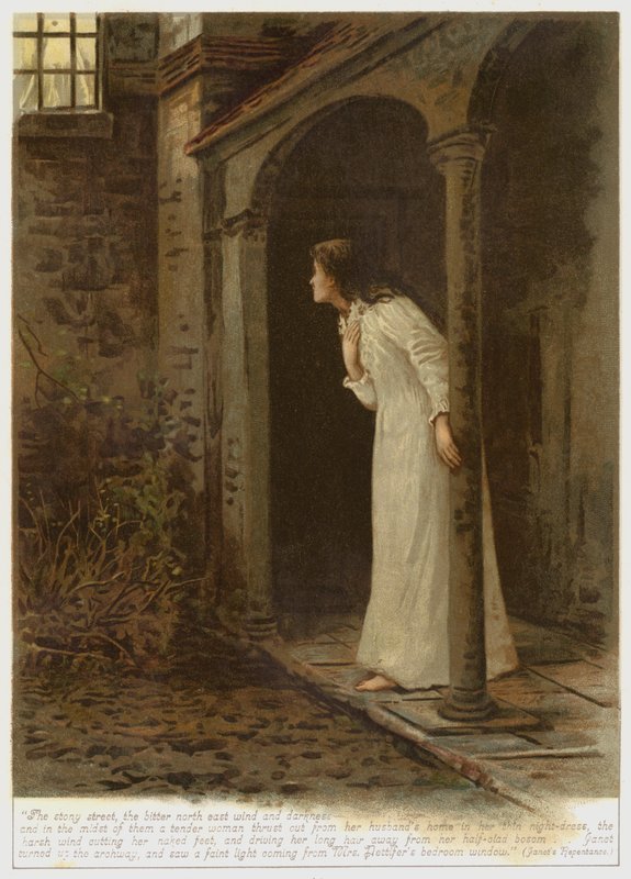 Escena de El arrepentimiento de Janet, uno de los relatos de Escenas de la vida clerical, de George Eliot (litografía en color). de English School