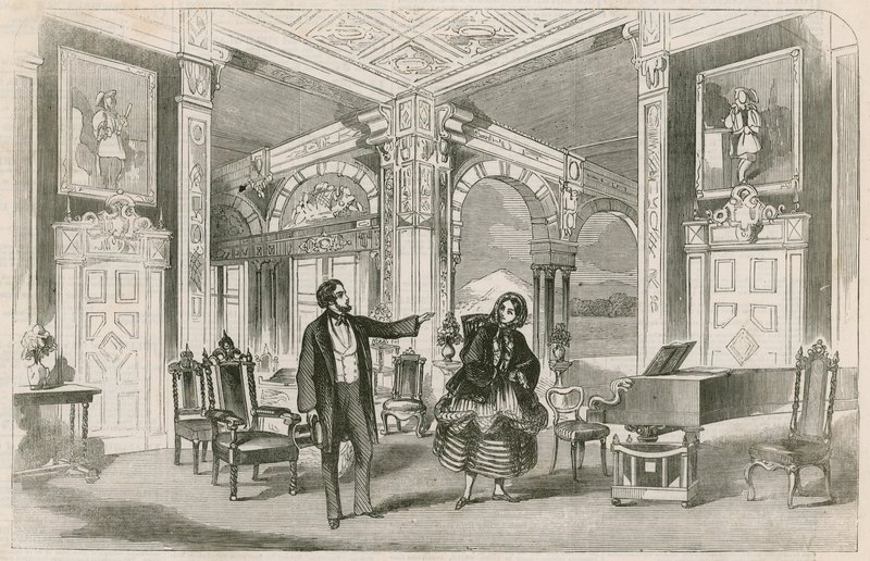 Escena del nuevo entretenimiento de Miss P Horton en la Galería de Ilustración, Regent Street, Londres de English School