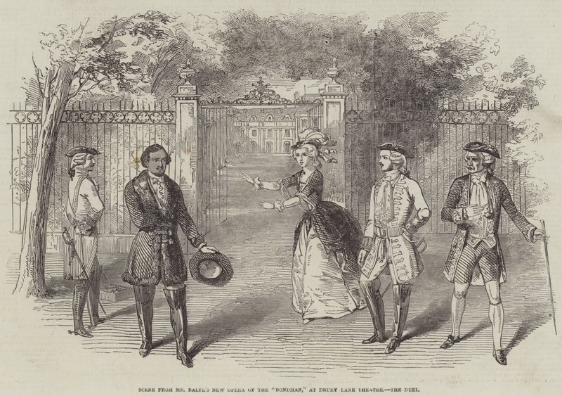 Escena de la Nueva Ópera del Sr. Balfe "The Bondman," en el Teatro Drury Lane, el Duelo (grabado) de English School