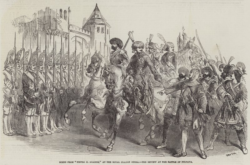 Escena de "Pietro il Grande" en la Ópera Real Italiana, la revisión en la Batalla de Pultava (grabado) de English School
