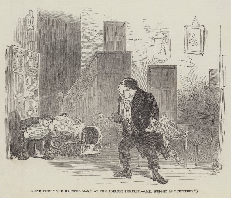 Escena de "The Haunted Man", en el Teatro Adelphi, Mr Wright como "Tetterby" (grabado) de English School
