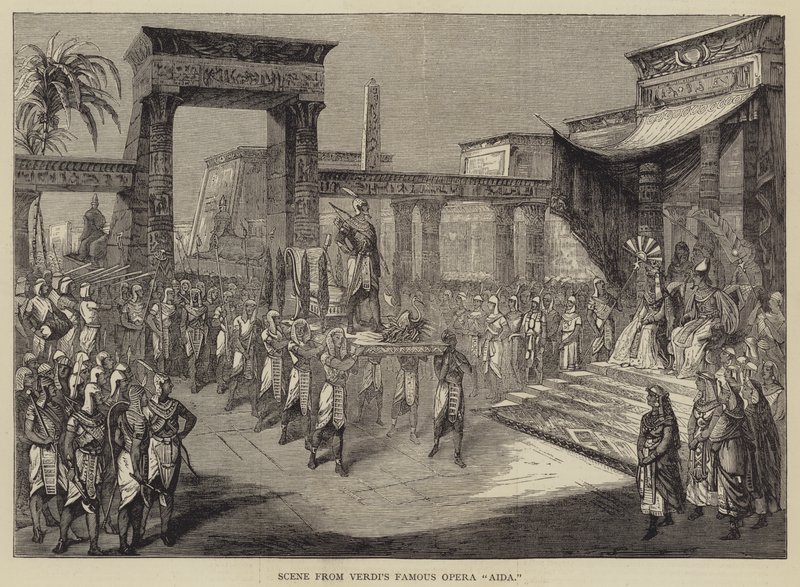 Escena de la famosa ópera "Aida" de Verdi (grabado) de English School