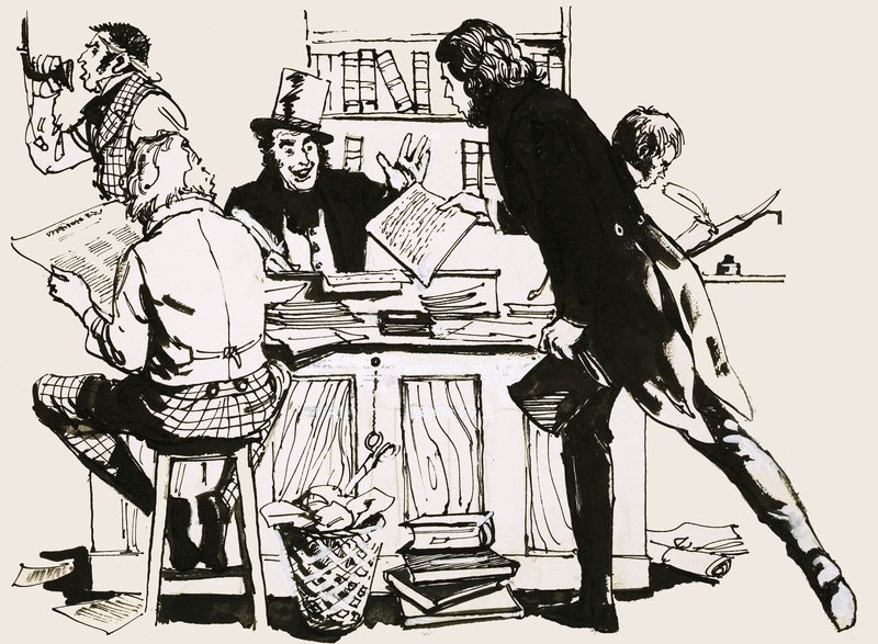 Escena de la oficina de un editor de periódico antiguo de English School