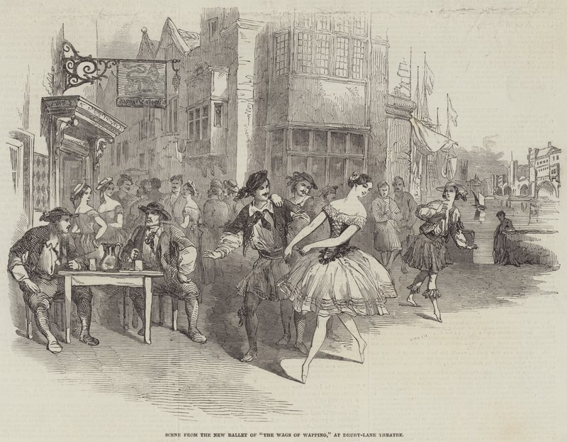 Escena del Nuevo Ballet de "The Wags of Wapping," en el Teatro Drury-Lane (grabado) de English School