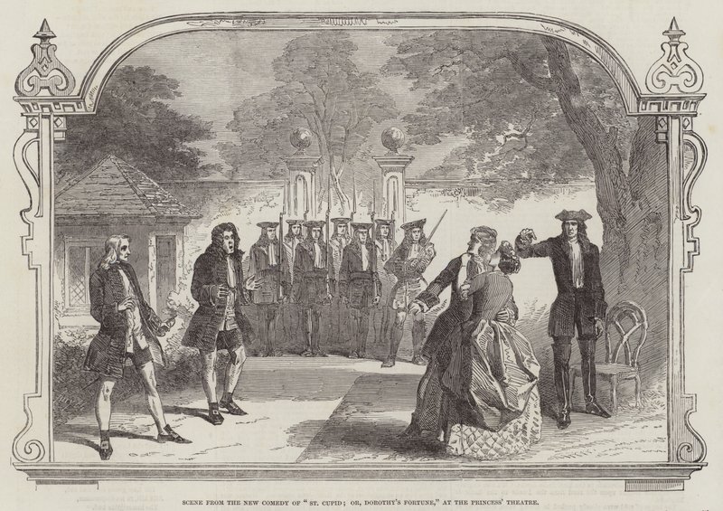 Escena de la Nueva Comedia "San Cupido; o, La Fortuna de Dorothy," en el Teatro de la Princesa (grabado) de English School