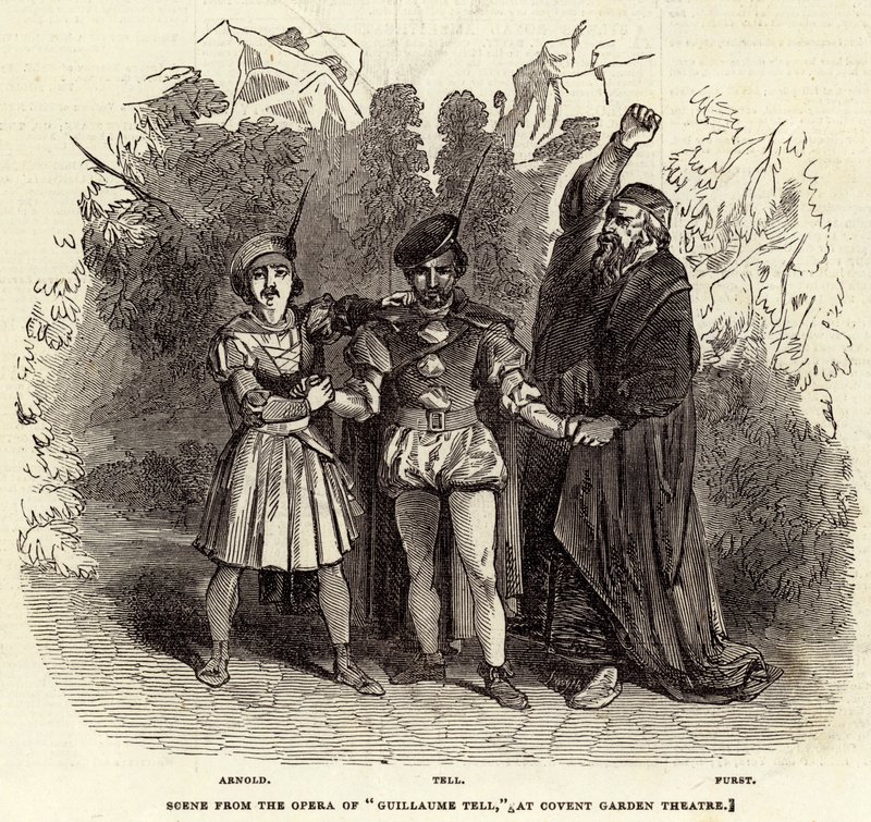 Escena de la ópera "Guillaume Tell" en el Teatro Covent Garden (grabado) de English School