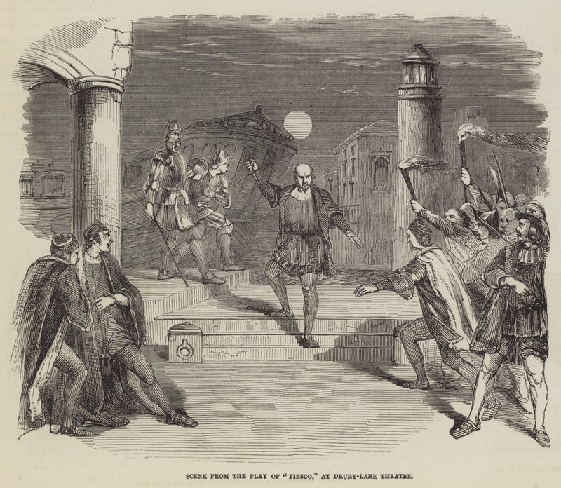 Escena de la obra "Fiesco," en el teatro Drury-Lane de English School
