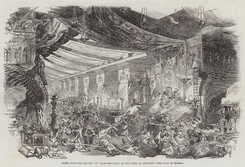 Escena de la Tragedia de "Sardanapalus," en el Teatro de la Princesa, el Salón de Nimrod (grabado) de English School