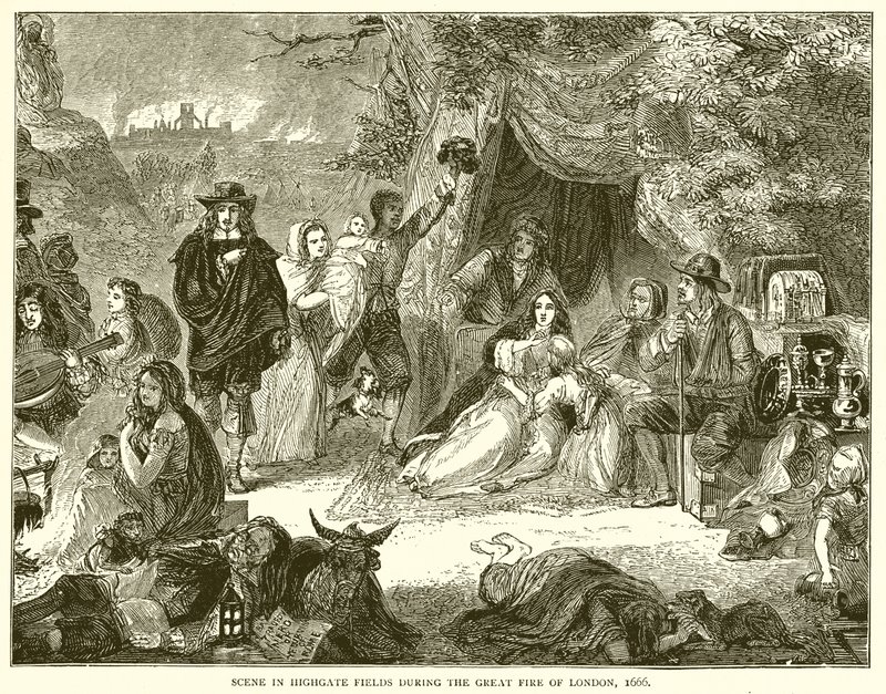 Escena en los campos de Highgate durante el Gran Incendio de Londres, 1666 de English School
