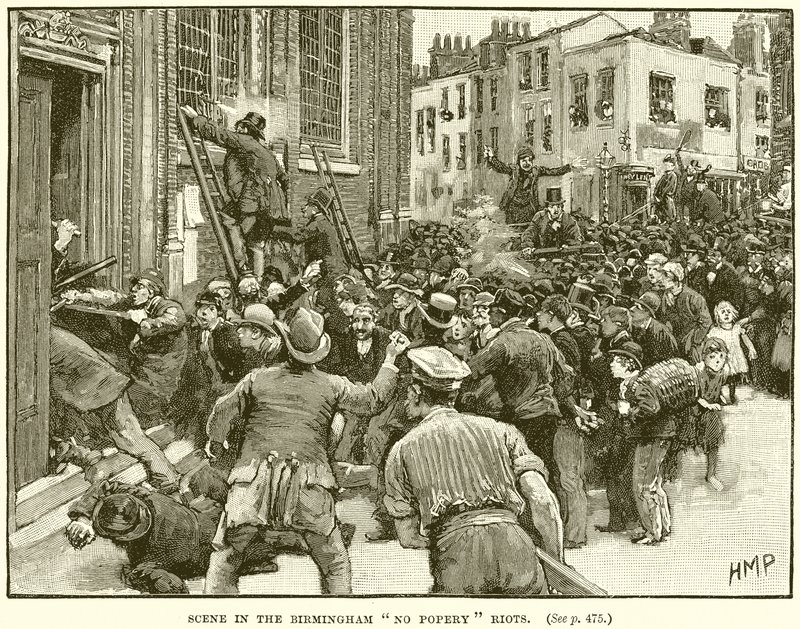 Escena en los disturbios de No Popery en Birmingham de English School