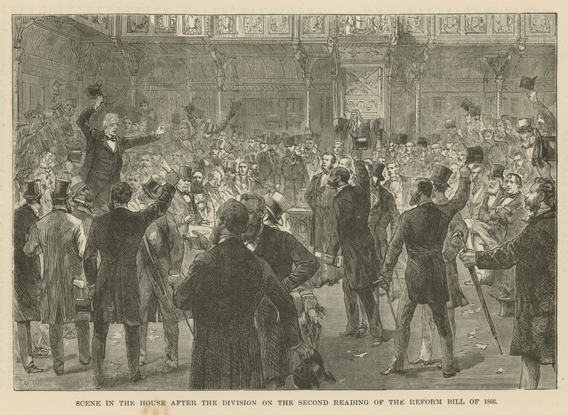 Escena en la Cámara de los Comunes después de la votación sobre la segunda lectura del Proyecto de Ley de Reforma de 1866 de English School
