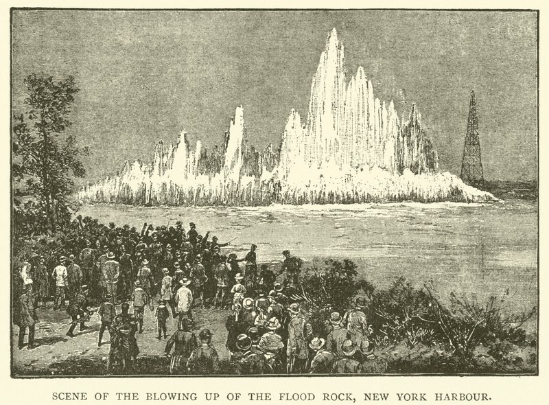 Escena de la Explosión de Flood Rock, Puerto de Nueva York (grabado) de English School