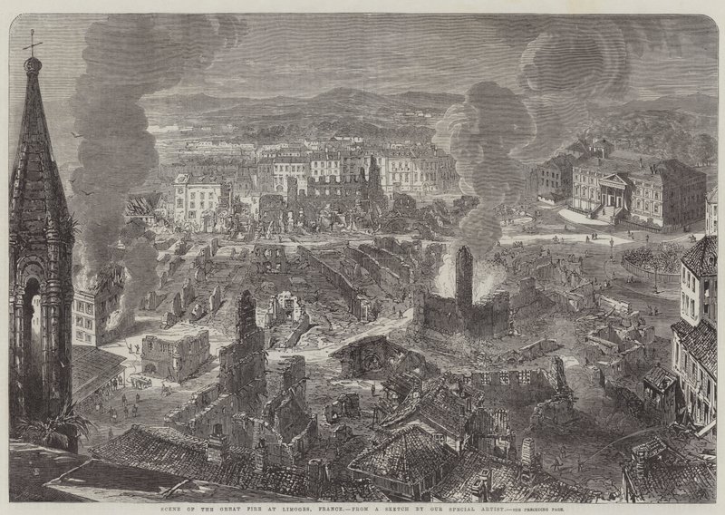 Escena del gran incendio en Limoges, Francia de English School