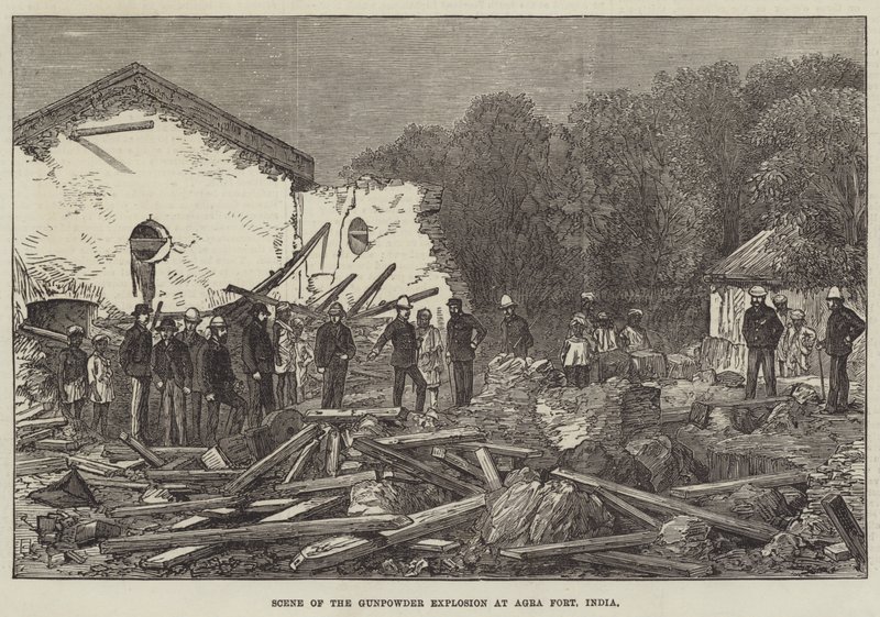 Escena de la explosión de pólvora en el Fuerte de Agra, India (grabado) de English School