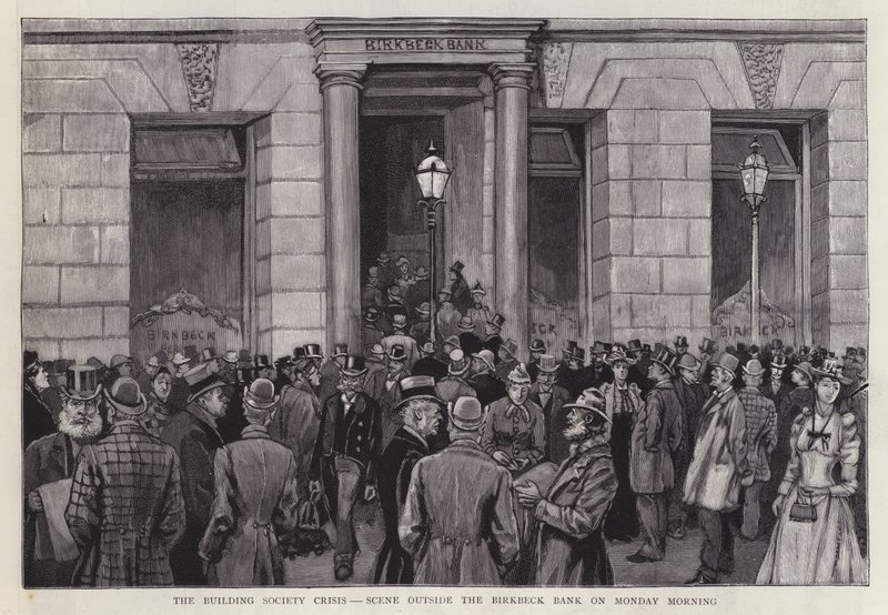 Escena fuera del Banco Birkbeck, Londres, durante la crisis de la sociedad de construcción de 1892 de English School