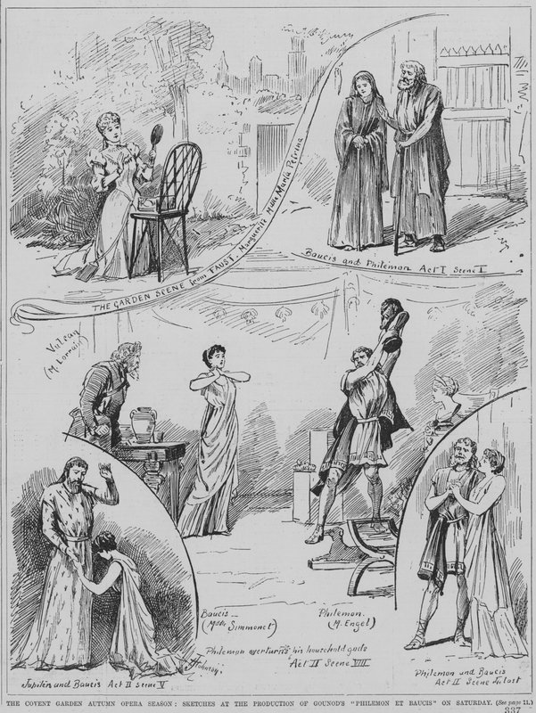 Escenas de una representación de la ópera Philemon et Baucis de Charles Gounod en el Royal Opera House, Covent Garden, Londres de English School